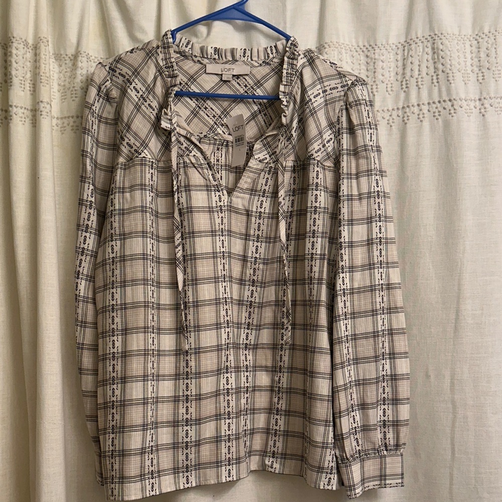 LOFT Cream and Black Plaid top.